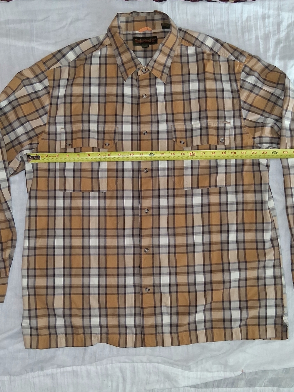 Men's Plaid Button-Up Shirt in Tan and White
